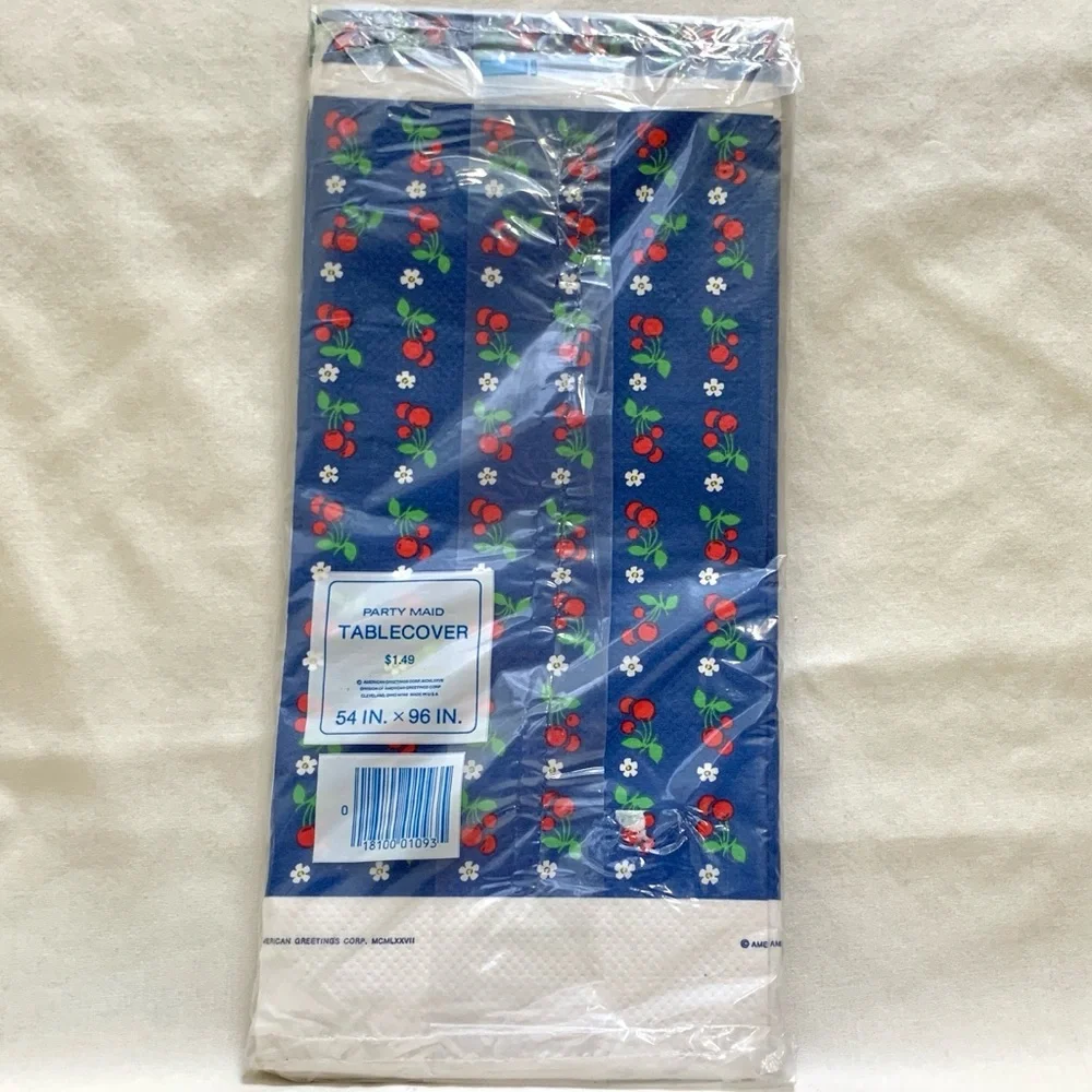 1970s blue tablecover with red cherries white daisies print by Party Maid